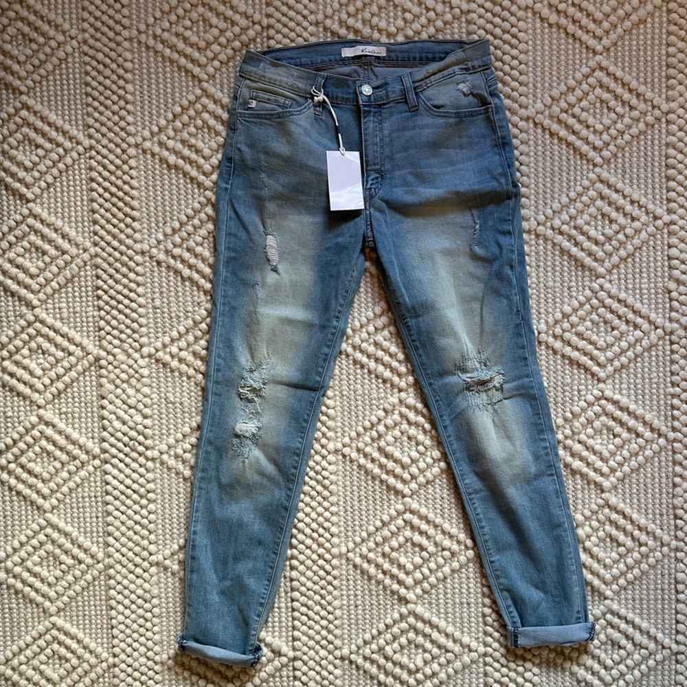 KanCan light wash girlfriend jeans. Distressed. Size 11/29. 29 1/2” inseam.
